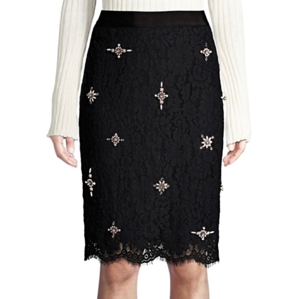 NEW JOIE BLACK EMBELLISHED LACE PENCIL SKIRT